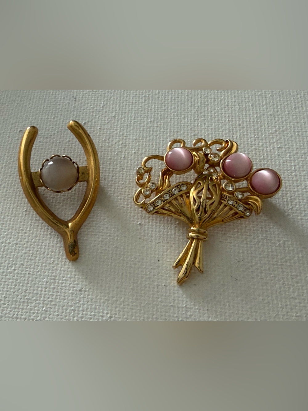 Vintage Gold-Tone Pink Cabochon Floral Bouquet Brooch and Wishbone Pin Set